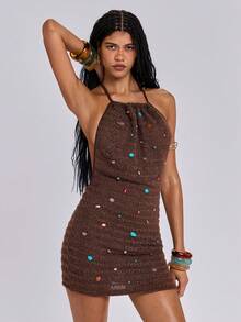 ROMWE Country Spring/Summer Colorful Beaded Decor Y2K Backless Sheer Sexy Crochet Mini Dress For Women - Apricot - View 1