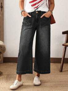 Plus Size Casual Vintage Washed Wide Leg Jeans - Black - View 1