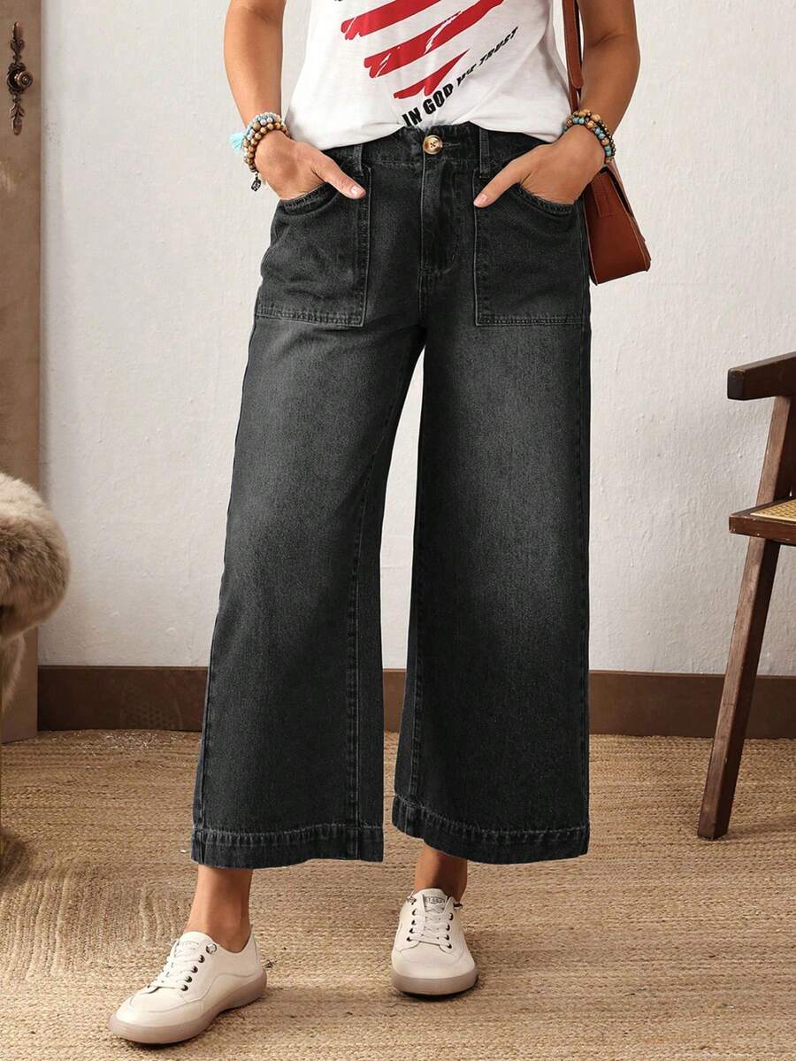 Plus Size Casual Vintage Washed Wide Leg Jeans - Black - View 1