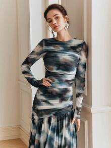 Anewsta 时尚优雅通勤扎染褶裥修身连衣裙（女款） - 黑與白 - 查看 3