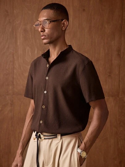AKNOTIC 男士梭织休闲小立领短袖衬衫