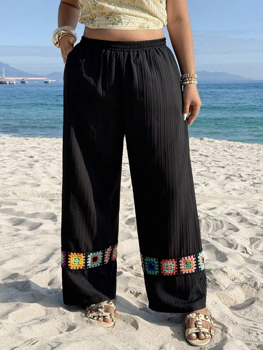 SHEIN EZwear 大码女式春夏度假拼接钩编弹力腰直筒裤 - 黑色 - 查看 1