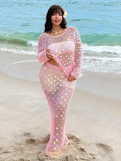 GalTyme Plus Size Women Hollow Out Beaded Shoulder Long Sleeve Beach Vacation Sweater, Sexy Fashionable Elegant Top