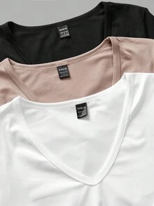 SHEIN EZwear 3 件套女式深 V 领弹力长袖打底 T 恤套装，适合秋冬季 - 彩色 - 查看 8