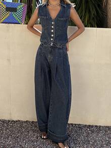 Livesso 女士休闲牛仔套装，不对称下摆翻领上衣和裤子 - 藍色 - 查看 6