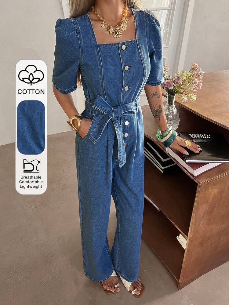Women's Casual Washed Square Collar Petal Sleeve Belted Denim Jumpsuit, Spring/Summer
