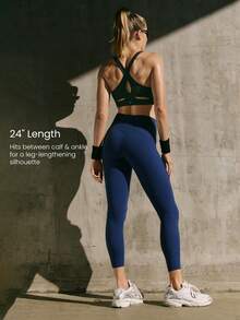 GLOWMODE 24" FeatherFit™-Sculpt Sweat-O-Clock Compressive Anti-Roll Tummy Control No Front Seam Side Pockets Leggings Low Impact Training Running Workout Gym - Dark Blue - View 4