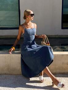 DAZY Women's Elegant Washed Denim Sling Dress, Summer - Blue - View 4