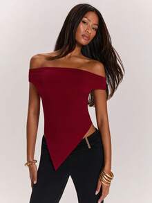 SHEIN BAE 性感露肩不对称下摆短款上衣，适合舞会、海滩、优雅场合、音乐节、约会、夜店、伊比沙岛等，樱桃红，基础款 - 玫瑰紅 - 查看 3