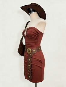 INAWLY Women's Western Style Ruched Hollow-Out Cropped Camisole Dress - Mocha Brown - View 4
