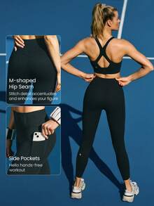 GLOWMODE 24" FeatherFit™-Sculpt Sweat-O-Clock Compressive Anti-Roll Tummy Control No Front Seam Side Pockets Leggings Low Impact Training Running Workout Gym - Black - View 6
