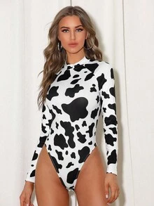 SHEIN Privé Cow Print Mock-Neck Raglan Sleeve High Leg Long Sleeves Bodysuit - Black and White - View 1