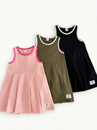 3件套女童撞色纯色多巴胺连衣裙套装，适合春夏穿着