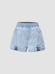 Shorts vaqueros informales para niñas preadolescentes, nuevo diseño con detalles delanteros rasgados y desgastados, y abertura lateral, lavado azul claro - Azul - Ver 4