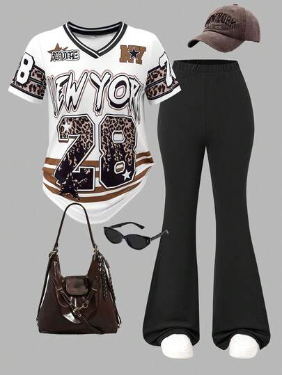 少女复古美式印花+豹纹拼接，时尚独特；V领短袖宽松舒适，搭配黑色喇叭裤，修身显瘦；面料柔软舒适，适合日常外出和街舞穿着，时尚又百搭。