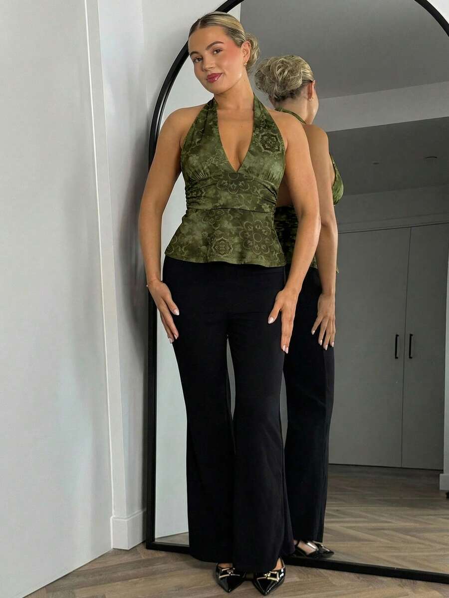 Bethéva Women's Floral Print Halter Deep V-Neck Cinched Waist A-Line Backless Camisole - Army Green - View 1