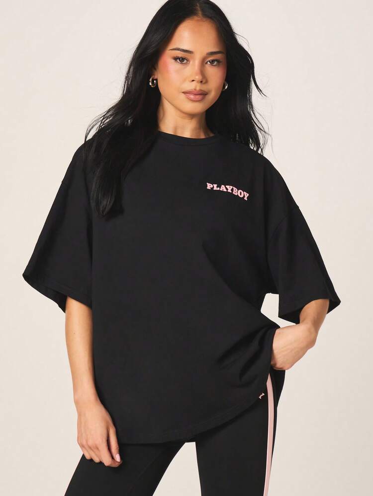 Missguided x Playboy Oversized Graphic T Shirt With Pink Bunny Print Short Sleeve Crew Neck Cotton Casual Streetwear Fashion Top