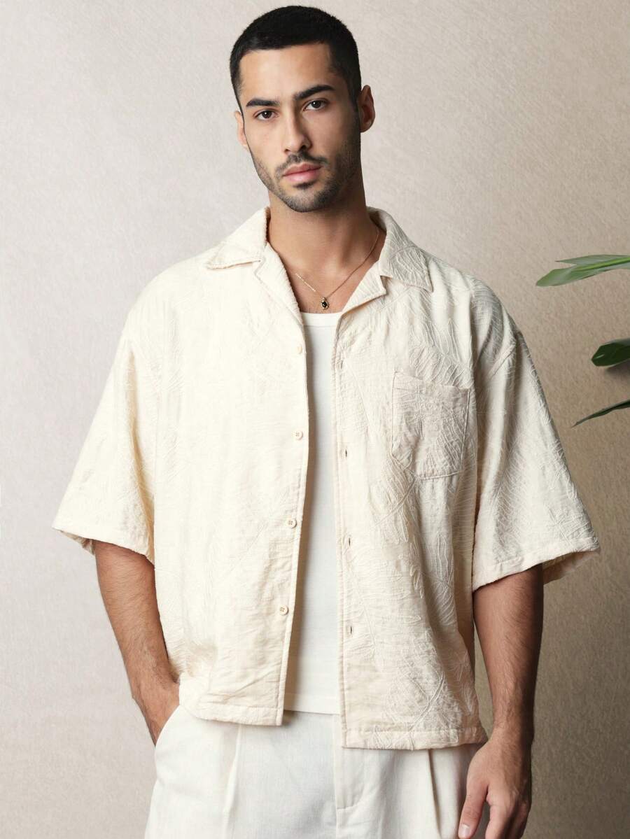 SUMWON Men's Boxy Fit Short Sleeve Revere Collar Embroidered Resort Shirt Casual Button Down Summer Vacation Beach Wear Plain - Apricot - View 1