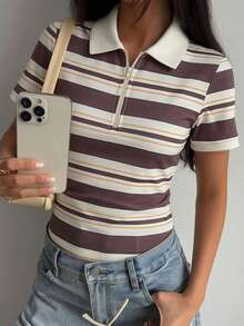 DAZY Áo tank top cổ bẻ kẻ sọc kiểu dáng thường ngày dành cho nữ, mùa hè. - màu nâu - Xem 3