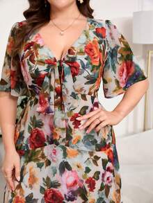 Reflora Plus Size Women's Beige Summer Floral Print Maxi Dress,Boho Tie Front Ruffle Sleeve V-Neck Elegant Dress For Vacation,Holiday Wedding Tea Party Guest - Multicolor - View 2