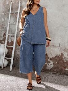 EMERY ROSE EMERY ROSE Ensemble 2 pièces top sans manches et jean large pour grandes tailles - Bleu azur - Voir 8