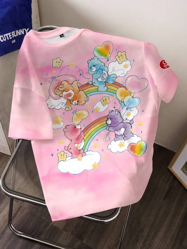 SHEIN X Care Bears Women's Round Neck Short Sleeve Casual Versatile T-Shirt,