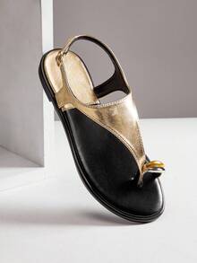 SHUZIA 女士舒适日常夏季可爱度假休闲金色装饰趾环平底凉鞋 - 金色 - 查看 6