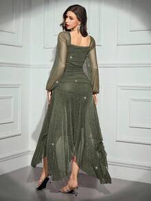 Modelyn Damen elegantes Kleid mit asymmetrischem Saum und Glitzer - Armeegrün - Übersicht 2