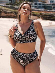 SHEIN BAE Ensemble de bikini sexy à imprimé léopard froncé pour femmes grandes tailles pour l'été et la plage - Multicolore - Voir 5