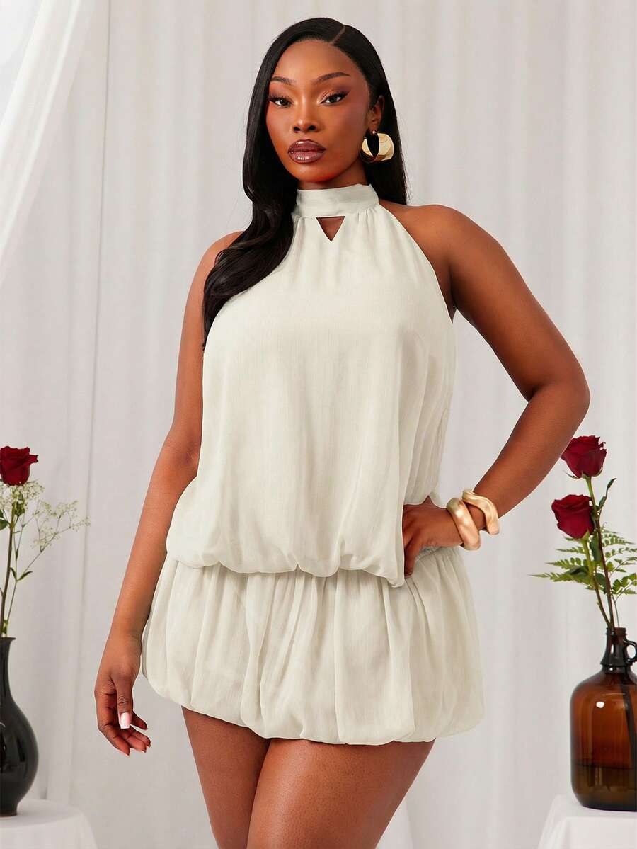Radiana Plus Size Women's Cherry Red Solid Color Chiffon Gathered Sexy Big Backless Balloon Bud Skirt Culottes Style Halter Neck Fashion Mini Dress/Red Mini Skirt/Concert Outfits/Christmas Women Clothes/Halloween Women Costumes, Girlfriends Party /Halloween Outfit/Christmas Outfit/Cocktail Dress/Back To School Season/Birthday Party/Club Party - Black and White - View 1