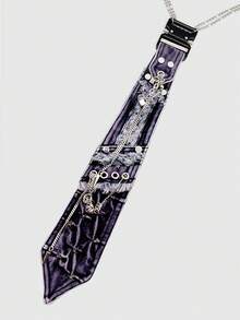 ROMWE Goth 朋克牛仔领带项链 - 旧牛仔裤链条领带 - 前卫另类时尚配饰，适合Y2K风格街头服饰、外出、音乐会和日常穿着 - 紫色 - 查看 2