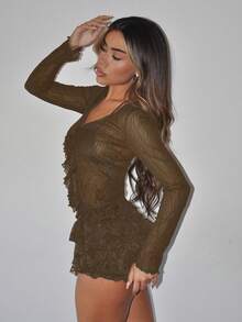 SHEIN ICON 透视系带开衫上衣和多层蕾丝短裤套装 - 卡其色 - 查看 5