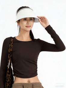 Top corto informal de punto acanalado de antelina para mujer, manga larga, cuello redondo, corte ajustado - Café integral - Ver 3