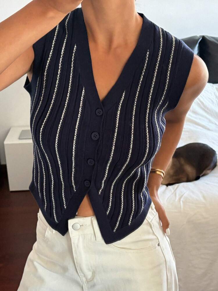Contrast Stripe V-Neck Sleeveless Casual Vacation Lightweight Knit Vest Top For Women