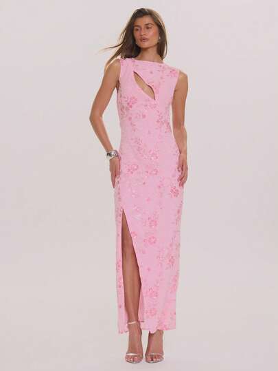 MUSERA Straight Neck Beaded Sequin Cut Out Side Split Fitted Maxi Dress Spring Summer Elegant Wedding Guest Vacation Holiday Occasion Honeymoon Cafe