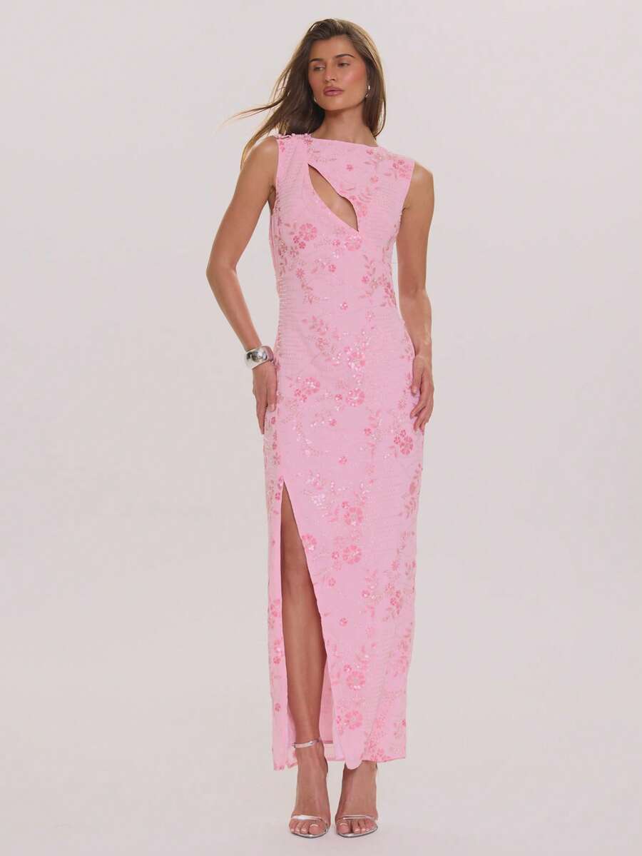 MUSERA Đầm maxi dáng ôm cổ thẳng, đính cườm và sequin, xẻ tà bên, thích hợp cho mùa xuân hè, thanh lịch, dự tiệc cưới, kỳ nghỉ, tuần trăng mật, tiệc tốt nghiệp. - Màu Hồng baby - Xem 1