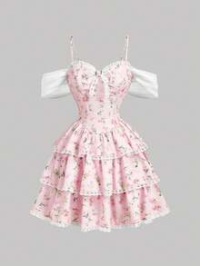 SHEIN MOD Pink Floral Floral Print Tiered Ruffle Dress With Lace Trim And Bow Accent – Coquette Vintage-Inspired Sleeveless Summer Dress For Women, Date Tea Party, Party, Picnic, Festival, Birthday Outfit Beach Dresses Wedding Guest Dress For Women Wedding Party Dress Graduation Dress Vacation Outfits Women Holiday Dresses Country Concert Outfit Bridal Shower Outfit For Bride High Tea Outfits Elegant Birthday Dresses For Ladies Special Occasion,Summer Dresses For Women - Pink - View 2