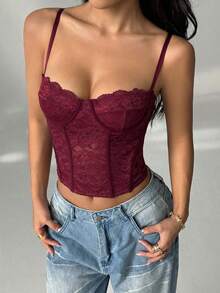 SHEIN PETITE Sexy Lace Sheer Camisole Top, Party, Date Night, Commute, Cute Bralette, Sexy Club Top, Corset Top, Strapless Top, Going Out Top, Summer Tops, Cute Top, Summer For Women, Lace Top, Corset Top, Autumn/Winter Layering - Burgundy - View 3