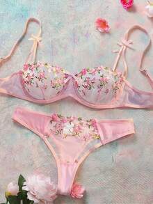2 piezas Conjunto de lencería sexy de sujetador y pantie con bordado de flores románticas y lindas en malla, color rosa - Rosa - Ver 5