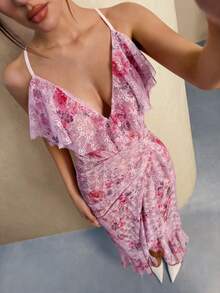 SHEIN Glamour 女士优雅性感网纱波点吊带荷叶边薄纱连衣裙 - 彩色 - 查看 3