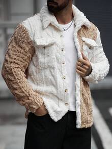Manfinity Homme 男士白色秋季街頭風休閒復古羊羔絨夾克，長袖鈕扣雙色外套，適合工作與戶外，復古老錢風 - 白色 - 查看 3