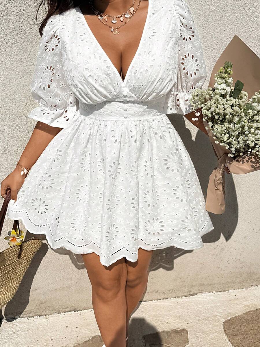 Sunnyshic Vestido de manga abullonada con cuello en V, talla grande, con bordado, textura y botones en la cintura, corte evasé, dulce y elegante para primavera/verano, citas, fiestas - Blanco - Ver 1