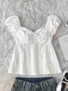 SHEIN Tween Girl Spring/Summer Casual Minimalist Versatile Jacquard Striped Collared Backless White Blouse - White - View 3