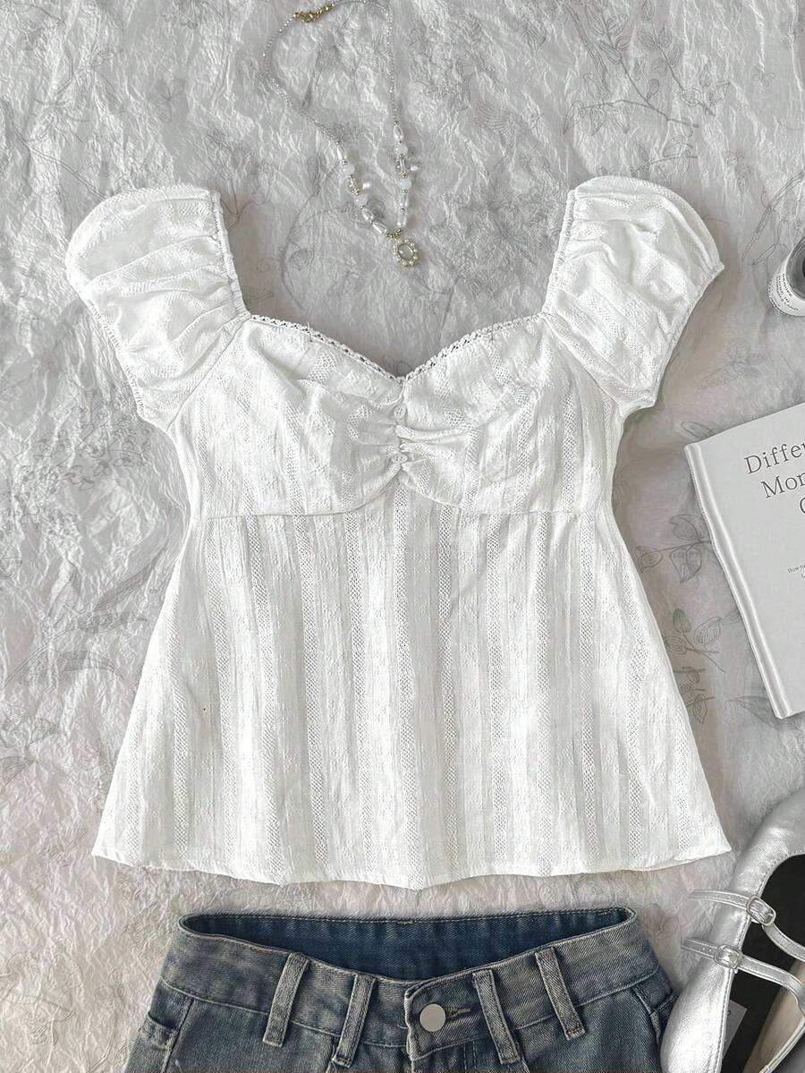 SHEIN Tween Girl Spring/Summer Casual Minimalist Versatile Jacquard Striped Collared Backless White Blouse - White - View 1