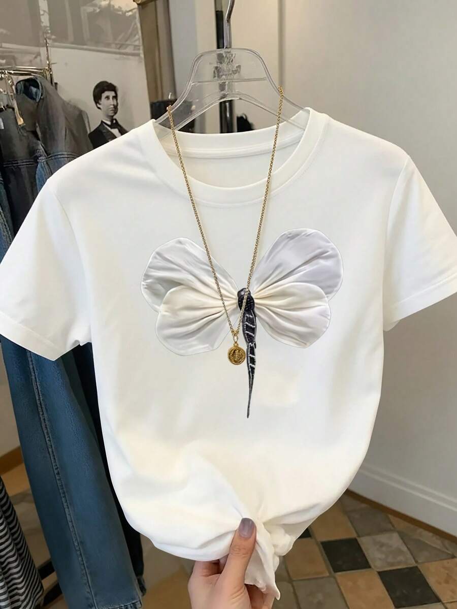 Resyla Women's Casual Dragonfly Print Round Neck T-Shirt, Summer - White - View 1