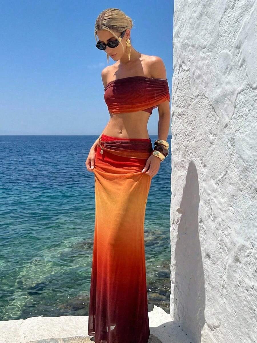 Lumalex Women's Ombre Off Shoulder Crop Top 2 Pieces Set, Fashionable For Summer - Rust Brown - View 1