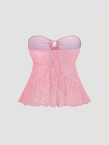 Elamini Petite 女士粉色蕾丝拼接不对称下摆系带吊带背心，春夏款 - 粉色 - 查看 2