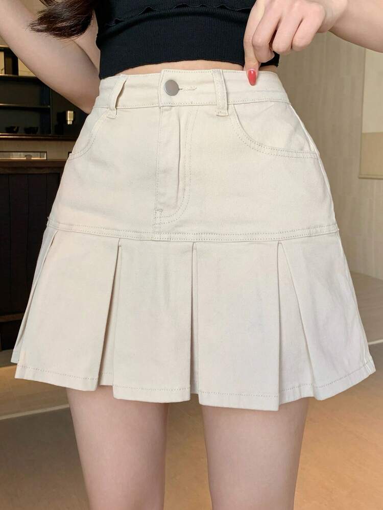 Women's Casual Solid Color Pleated Denim Mini Skirt, Summer