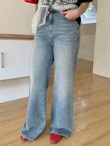 Dazy Plus Women's Pocketed Button Washed Stretchy Slim Fit Jeans With Sequin Decor Flare Leg - Light Wash - View 6