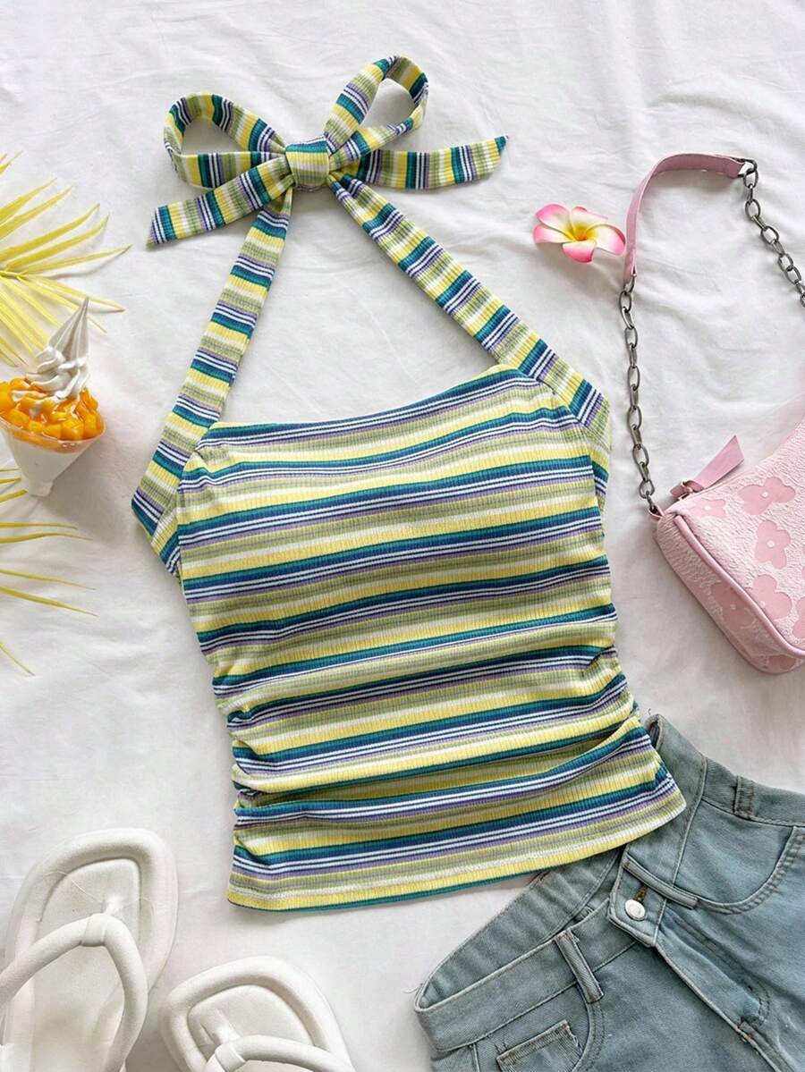 Soleia Women's Vacation Halter Neck Ribbed Knit Ribbed Fitted Tank Top - Yellow - View 1